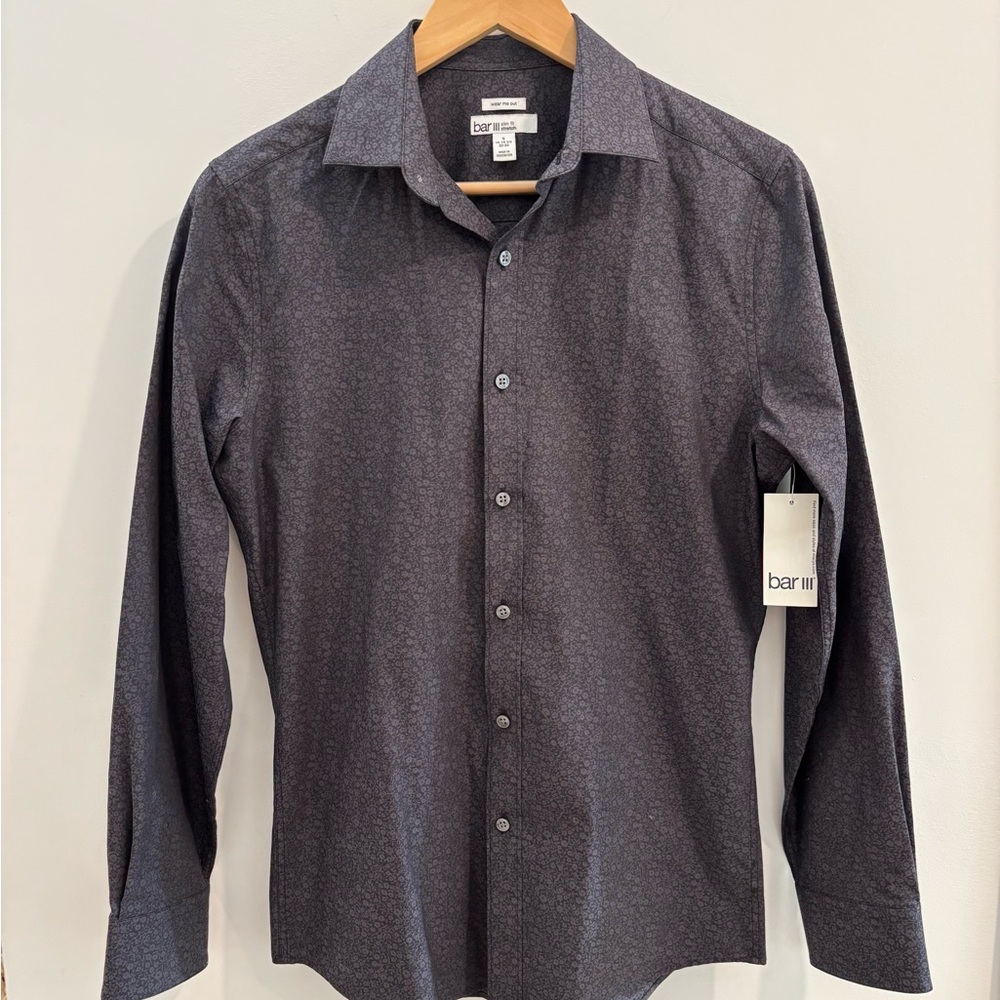 NWT Bar III Men's Slim Fit Stretch Long Sleeve Button Down Floral Gray Shirt